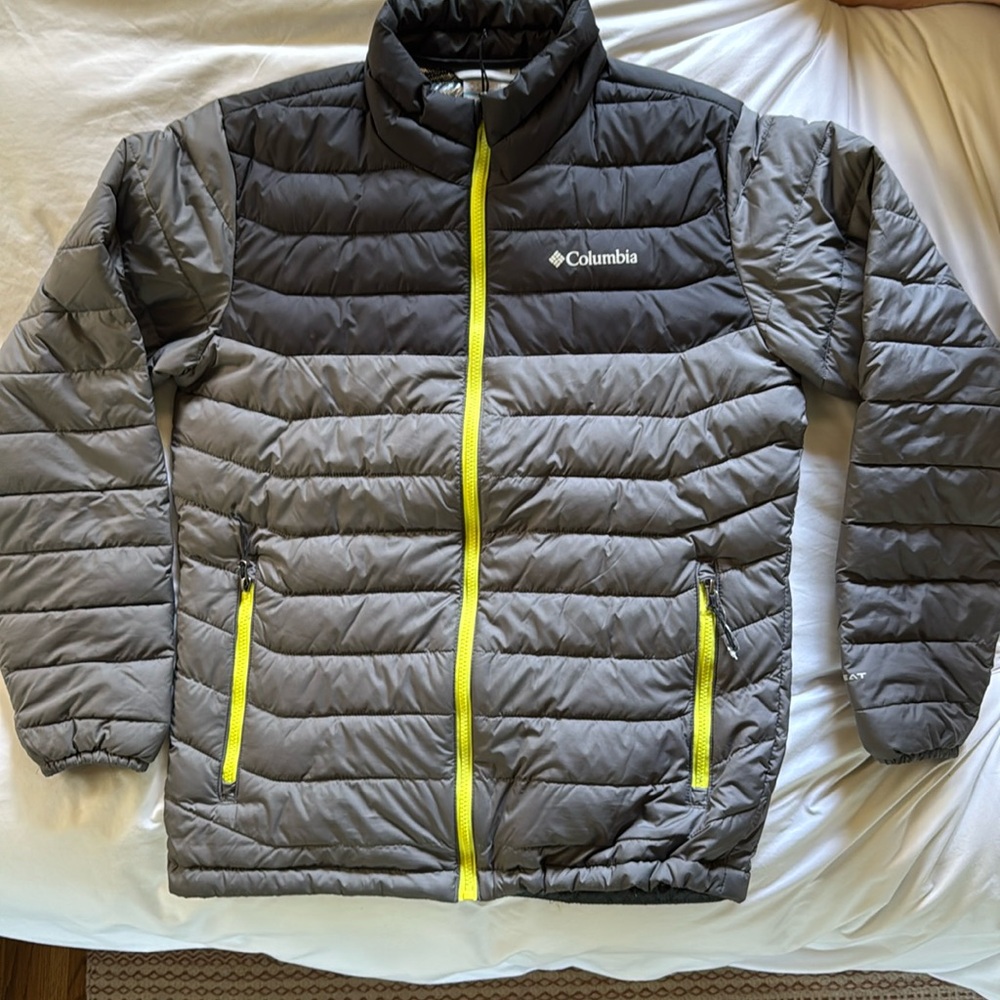 Columbia Gray Puffer Jacket with Yellow Accents